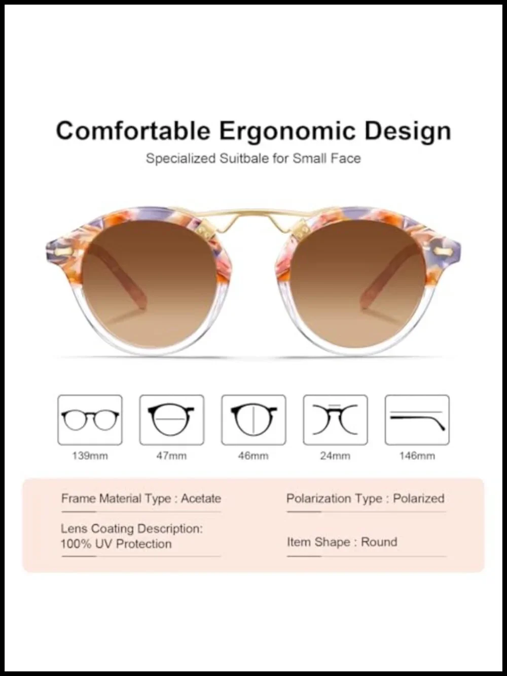 Double Bridge Round Sunglasses for Women Polarized UV Protection Retro Metal